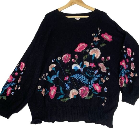 Pixley Black Embroidered Floral Sweater Womens Lg Viscose Cozy Soft Cottage Boho - Picture 1 of 9